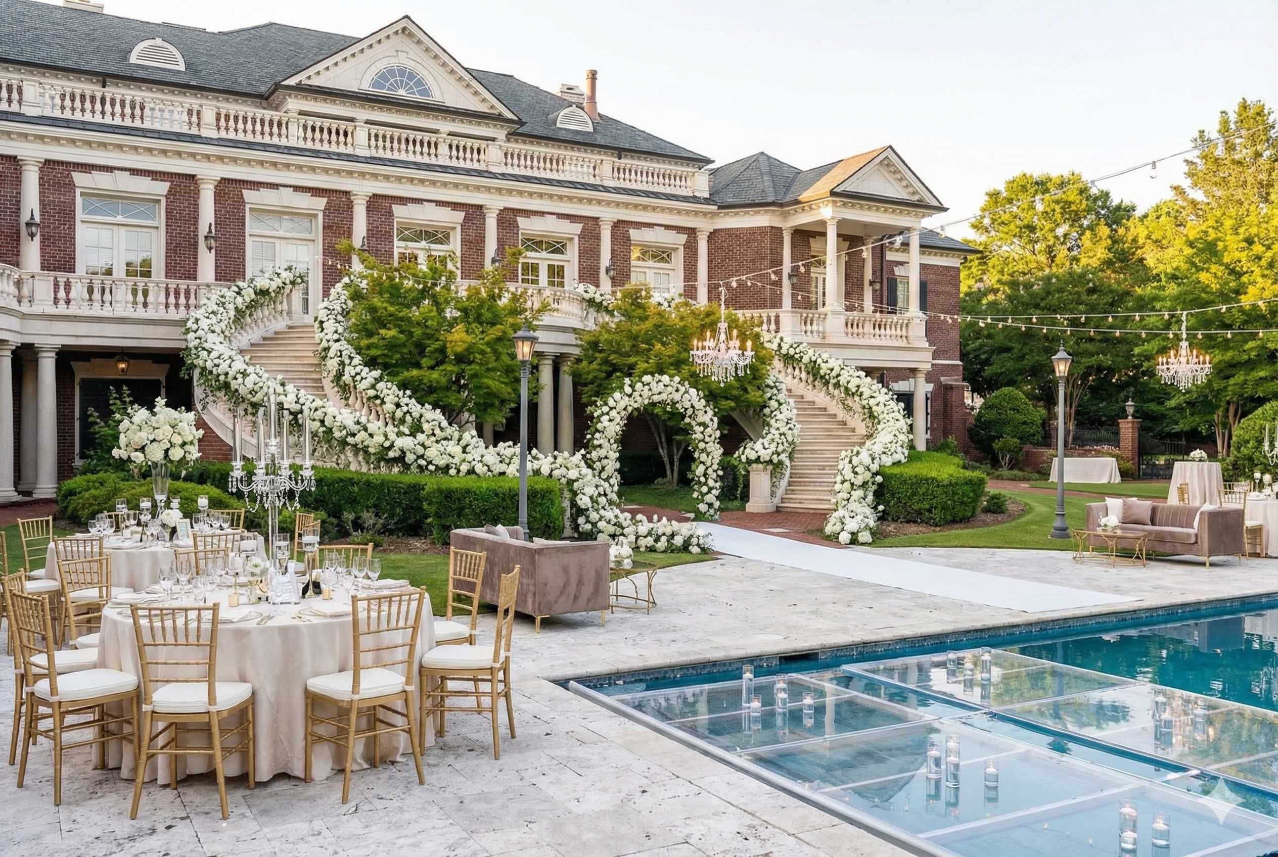 Rose Howard Estate - Glass dance floor over pool with crystal chandeliers and cascading white roses